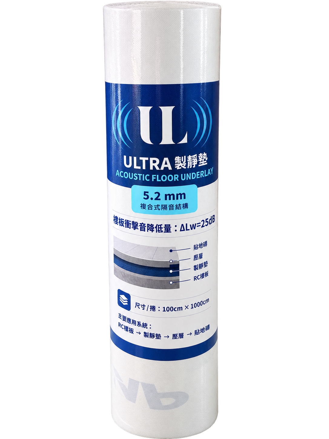 Ultra 製靜墊產品卷材，包裝標示 5.2 mm 複合式隔音結構